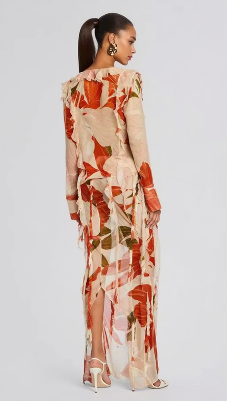 GLORIA PRINTED CUT OUT RUFFLE TRIM SKIRT SUIT