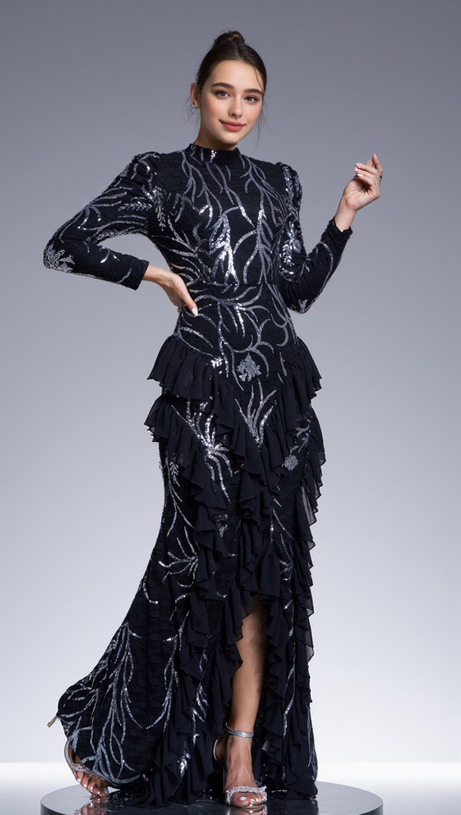 RUFFLE TRIM SEQUIN PRINT MAXI DRESS IN BLACK