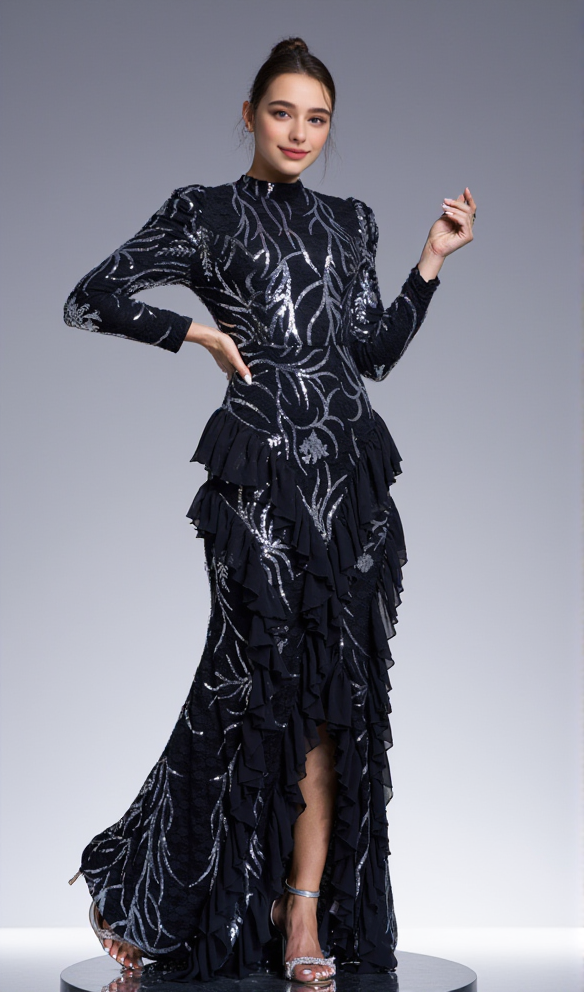 AIIZIE RUFFLE TRIM SEQUIN PRINT MAXI DRESS IN BLACK - product image