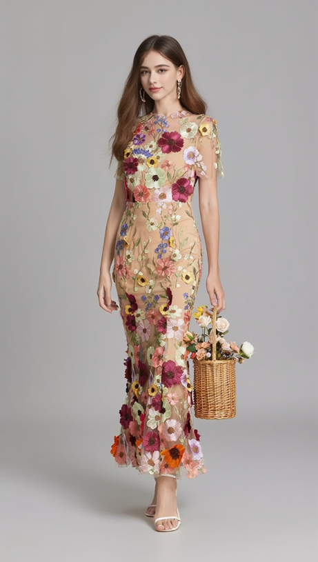 FLORAL EMBROIDERY MESH FISHTAIL MIDI DRESS IN BROWN