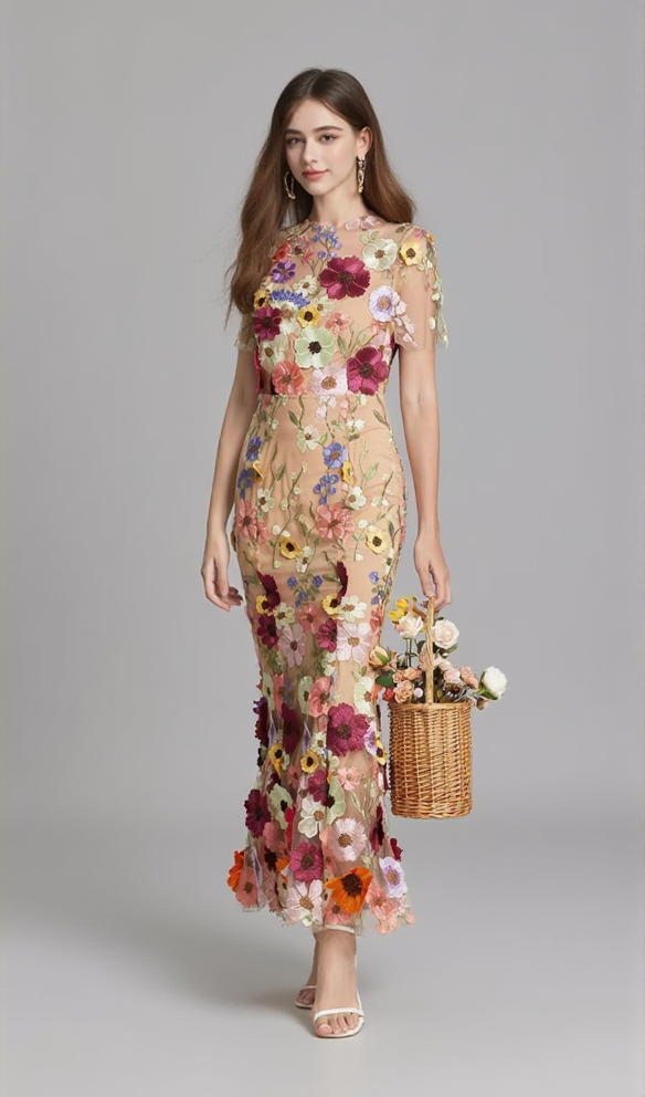AIIZIE FLORAL EMBROIDERY MESH FISHTAIL MIDI DRESS IN BROWN - product image