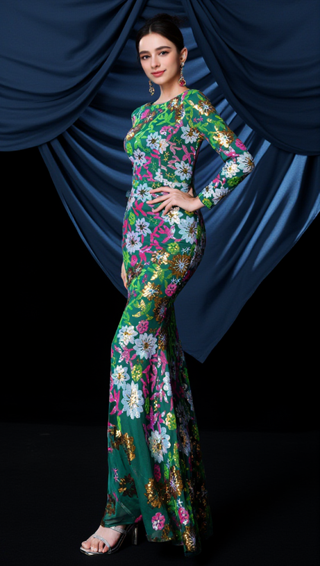 SEQUIN ROUND NECK LONG SLEEVE MAXI DRESS IN GREEN