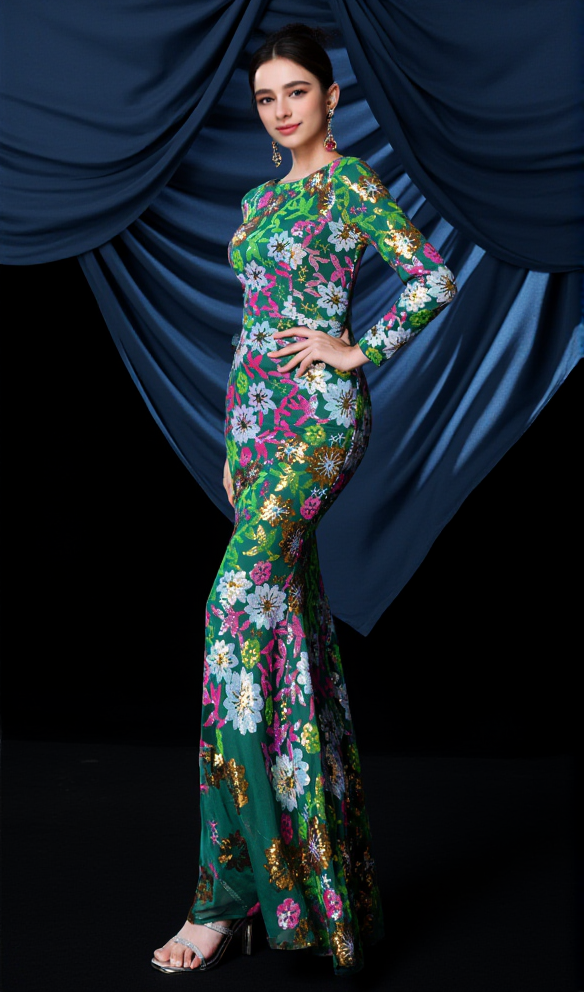 AIIZIE SEQUIN ROUND NECK LONG SLEEVE MAXI DRESS IN GREEN - product image