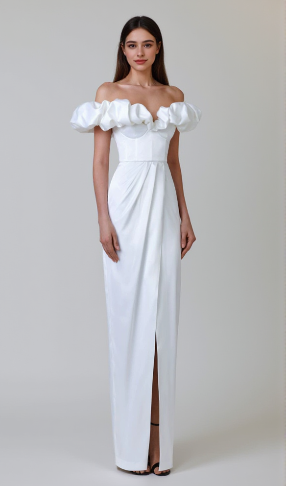 GLADYS WHITE CRYSTAL OFF-SHOULDER MAXI SPLIT DRESS