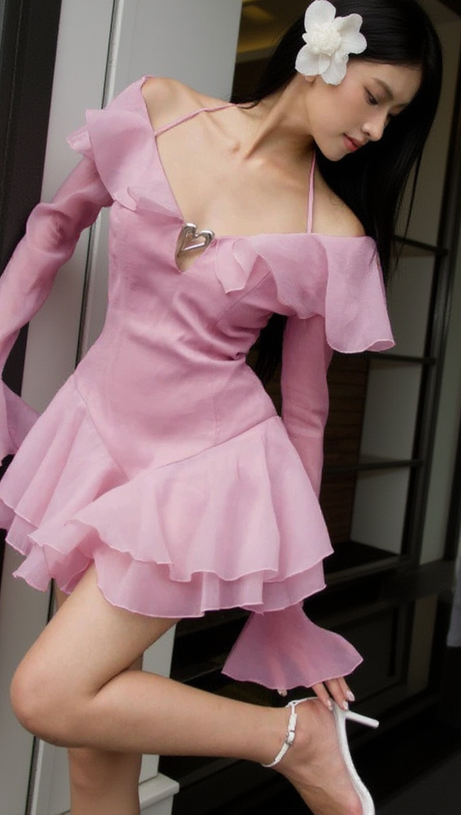 BRANDEE PINK LONG SLEEVE RUFFLE HEM MINI DRESS