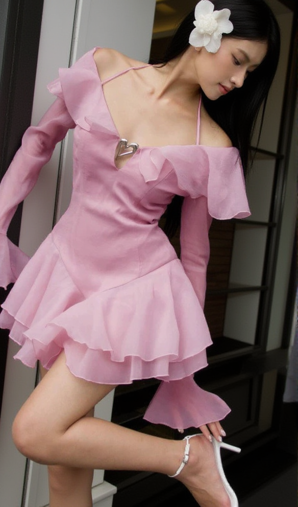 BRANDEE PINK LANGÄRMELIGES MINIKLEID MIT RÜSCHENSAUM