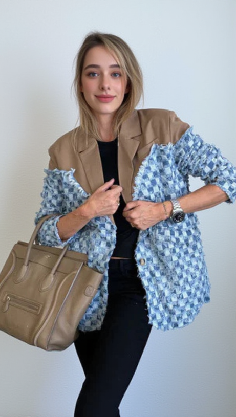 TWO-TONE DENIM CHECKS BLAZER IN KAHKI