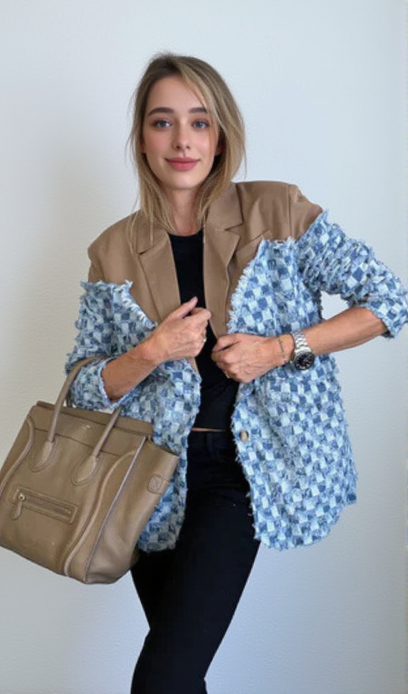 zweifarbiger Denim-Karos-Blazer in Kahki