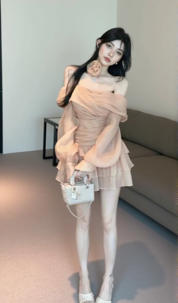 AIIZIE PUFF SLEEVE RUFFLE TRIM MESH CREP DRESS IN NUDE COLOR - product image