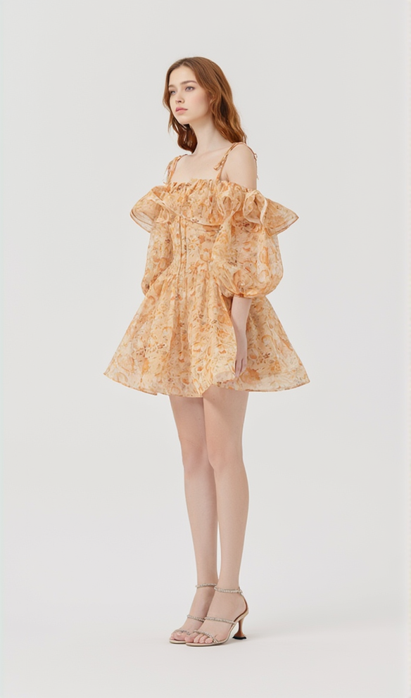 ANNA PRINTED RUFFLE TRIM MINI DRESS IN ORANGE