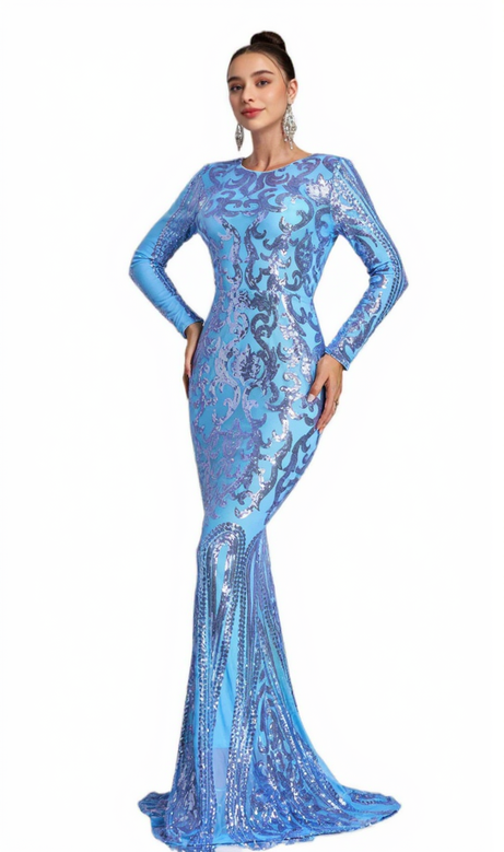 Langärmliges Maxikleid mit Pailletten in Blau