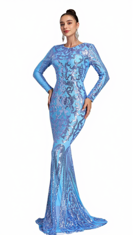 LONG SLEEVE SEQUIN MAXI DRESS IN BLUE