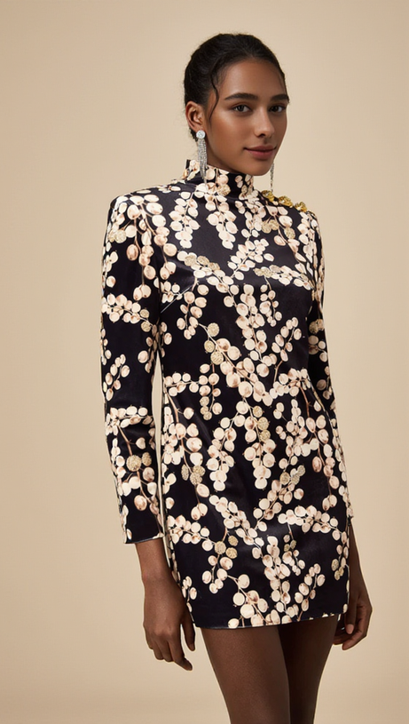 CHAHA REDCURRANT PRINT VELVET MINI DRESS