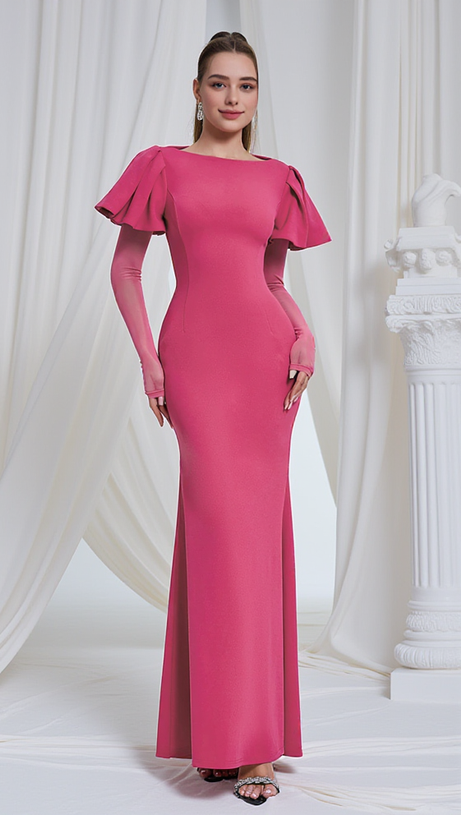 HILDA RUFFLE TRIM SLEEVE BODYCON MAXI DRESS IN ROSE RED