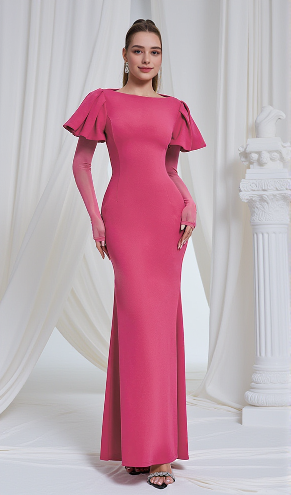 AIIZIE HILDA RUFFLE TRIM SLEEVE BODYCON MAXI DRESS IN ROSE RED - product image