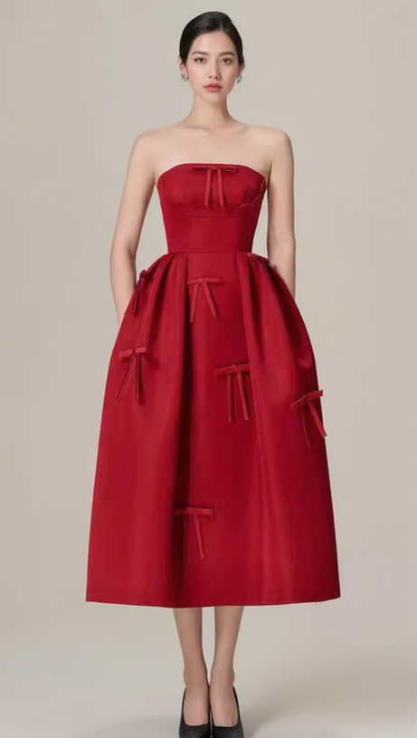 RED STRAPLESS RIBBON FRONT PLAIN A-LINE MIDI DRESS