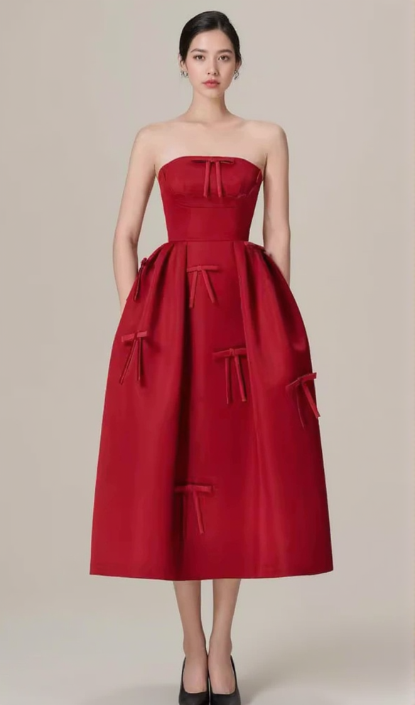 AIIZIE RED STRAPLESS RIBBON FRONT PLAIN A-LINE MIDI DRESS - product image