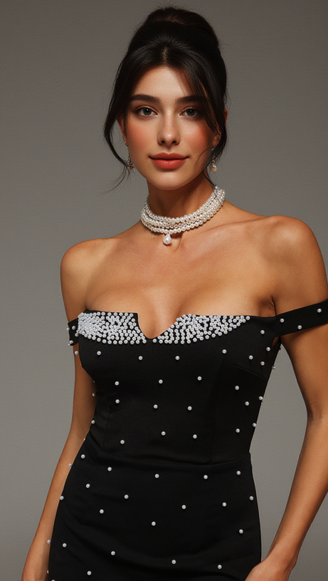 PEARL POLKA DOTS EMBELLISHED MIDI DRESS IN BLACK