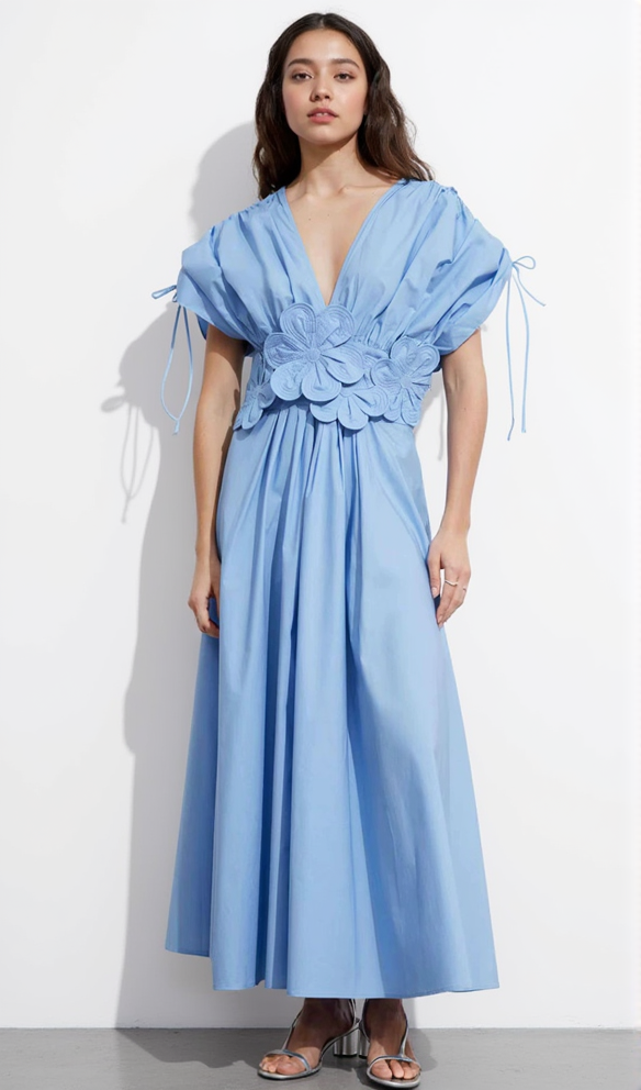 PATCHWORK APPLIQUES MIDI DRESS IN BLUE