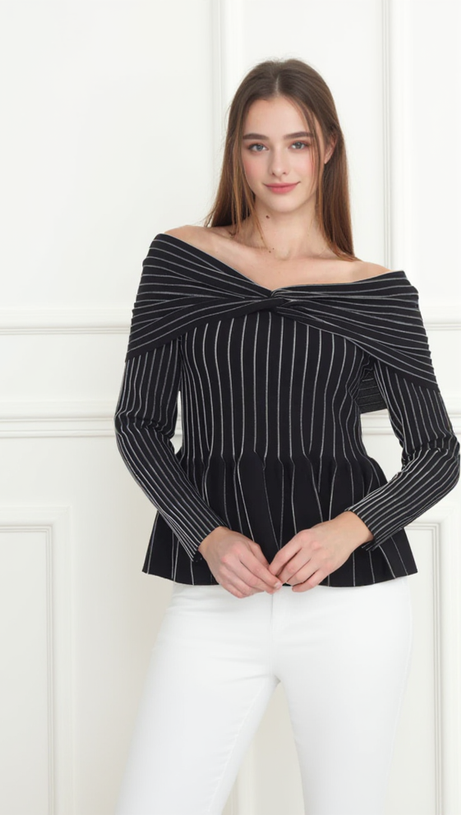 ESTHER STRICK-OFF-SHOULDER-TOP MIT GESTREIFTEN RÜSCHEN