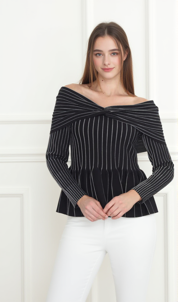 AIIZIE ESTHER KNIT STRIPE RUCHED OFF-SHOULDER TOP - product image