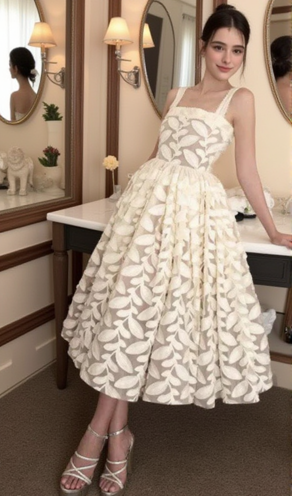 AIIZIE FAE A-LINE SQUARE NECK LACE MIDI DRESS IN CREAM WHITE - product image