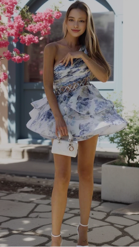 GAIL BLAUES MINI-CHIFFONKLEID MIT BLUMENDRUCK UND EINER SCHULTER