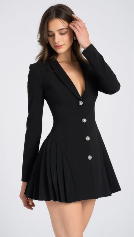 BEULAH PLEATE BLAZER MINI DRESS IN BLACK