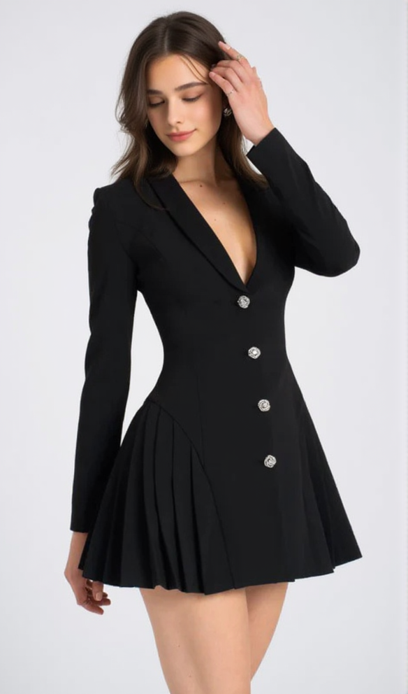 AIIZIE BEULAH PLEATE BLAZER MINI DRESS IN BLACK - product image