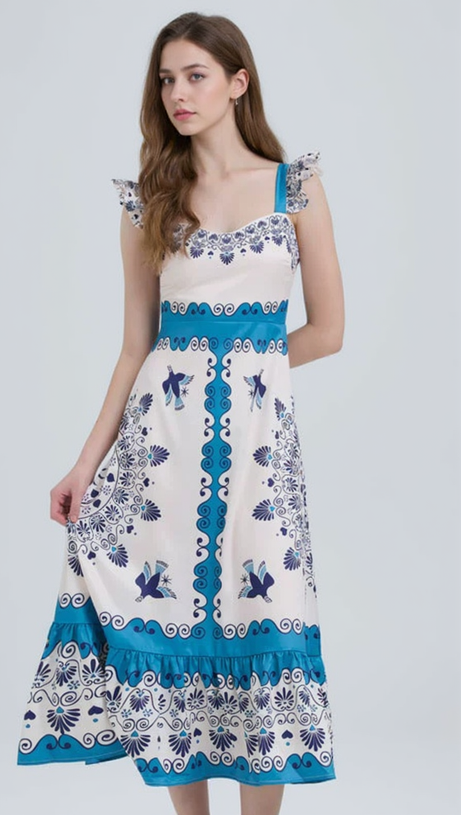 MINI ABITO CON SPALLINE ARRICCIATE E STAMPATE IN BLU