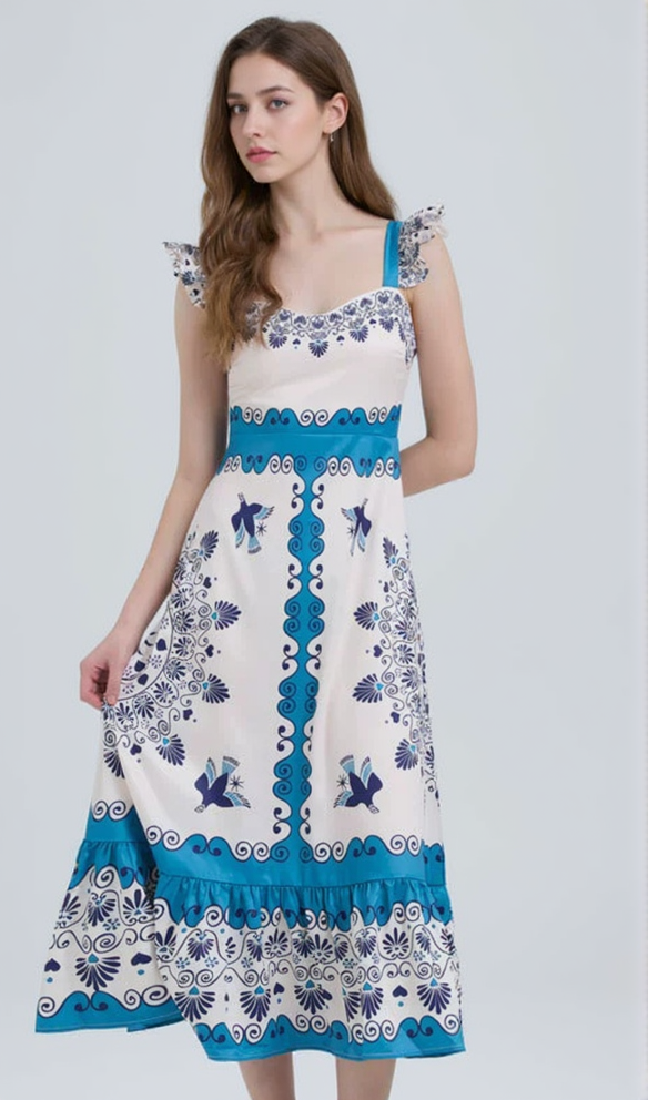 AIIZIE PRINT RUCHED STRAPS MINI DRESS IN BLUE - product image