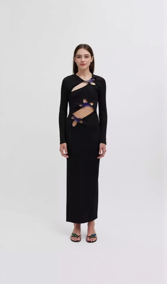 SALLY BLACK LONG SLEEVE CUT-OUT RIBBED MAXI DRESS