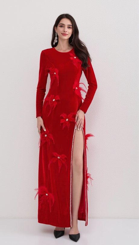 3D FEATHER FLOWER VELVET MAXI DRESS IN RED