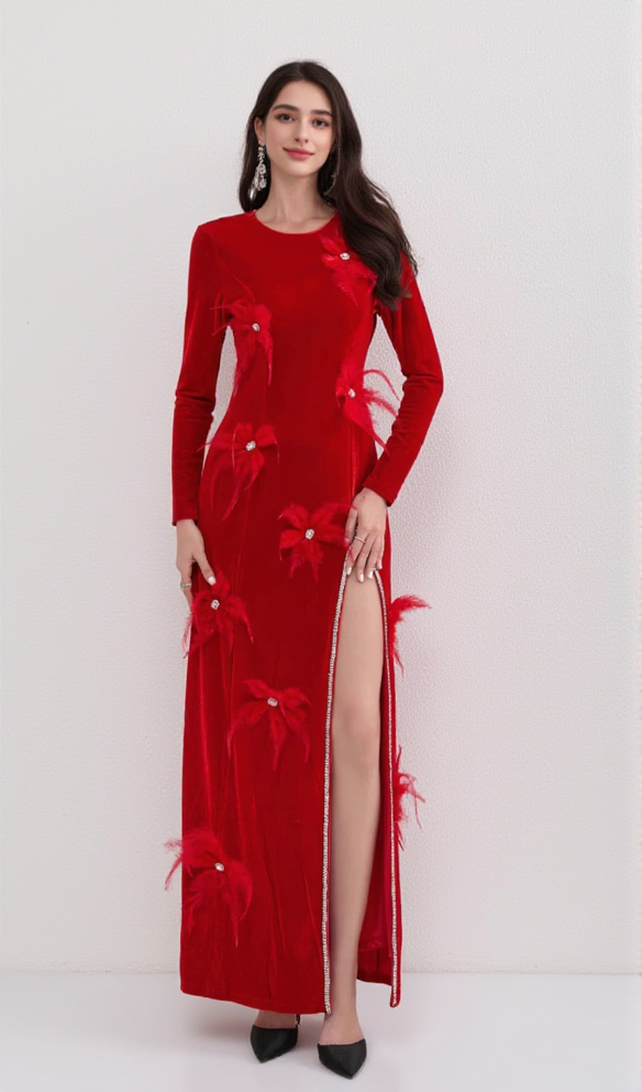 AIIZIE 3D FEATHER FLOWER VELVET MAXI DRESS IN RED - product image