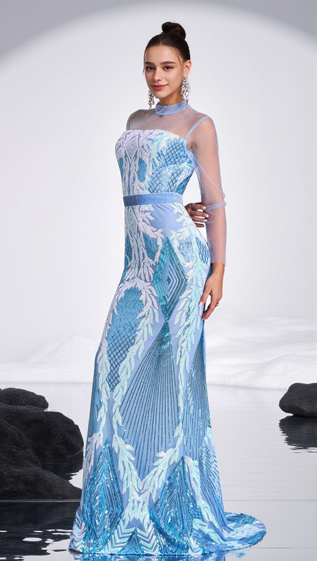 STAND COLLAR MERMAID MAXI DRESS IN LIGHT BLUE