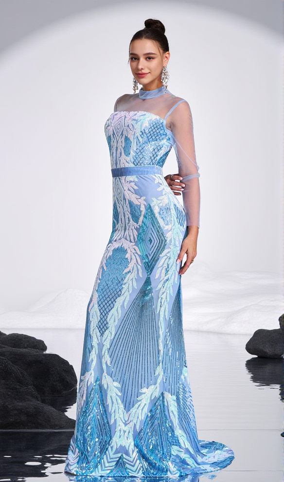 AIIZIE STAND COLLAR MERMAID MAXI DRESS IN LIGHT BLUE - product image