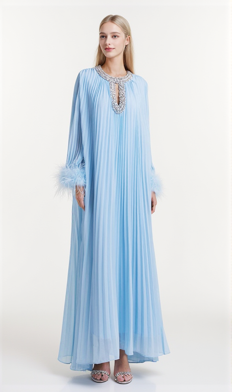 BLUE CHIFFON FEATHER MIDI DRESS