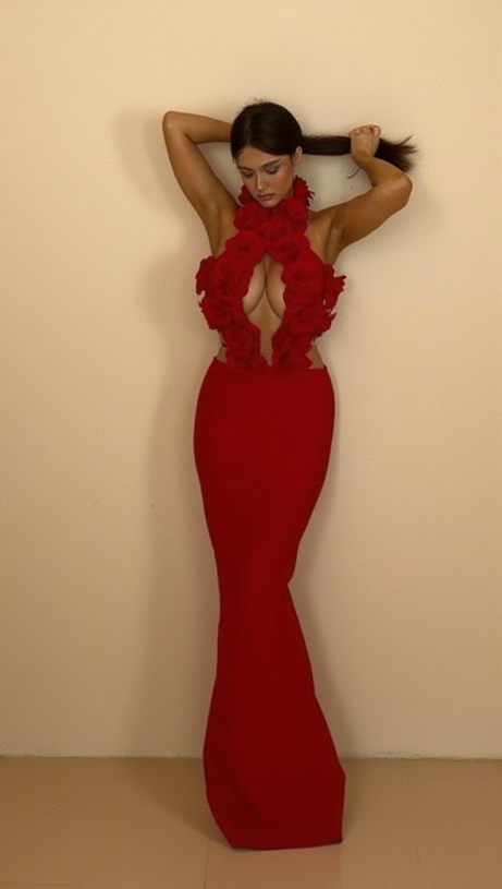 ABITO LUNGO ROSSO CON SCOLLO A V E SCHIENA SENZA SCHIENA, FIORI 3D