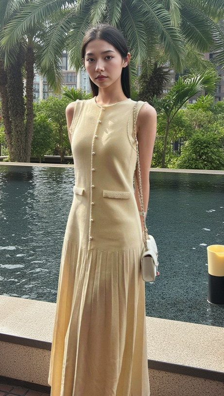 SALOME BEADED TRIM SLEEVELESS KNIT APRICOT MIDI DRESS