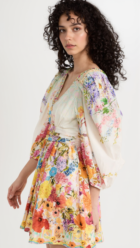 MINI ABITO IN SETA CON STAMPA E MANICHE A SBUFFO