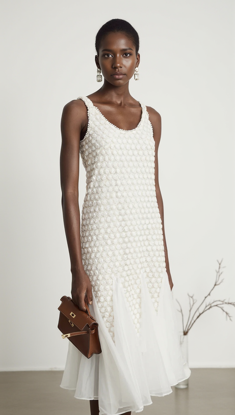 SYLVIA BEIGE STICKEREI ÄRMELLOSES MIDIKLEID