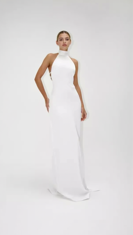 MIGNON SATIN BELT BACKLESS PEARL EMBELLISHED MAXI DRESS IN WHITE
