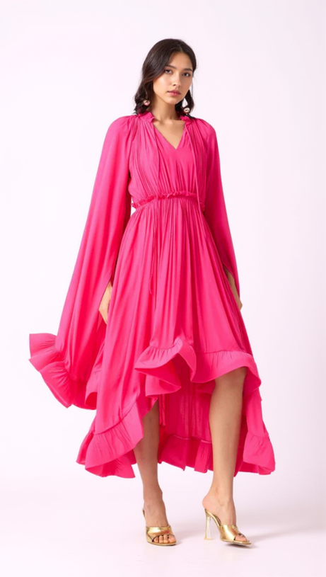RUFFLE TRIM MAXI DRESS IN ROSE RED
