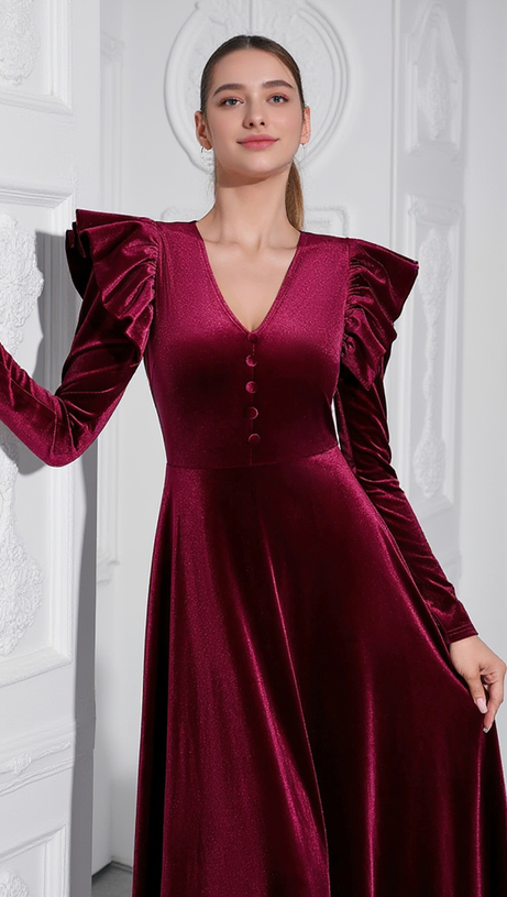 IRMA BURGUNDY V-NECK RUFFLE TRIM EMBELLISHED VELVET MAXI DRESS
