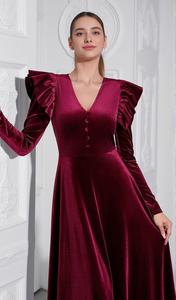 IRMA BURGUNDY V-NECK RUFFLE TRIM EMBELLISHED VELVET MAXI DRESS