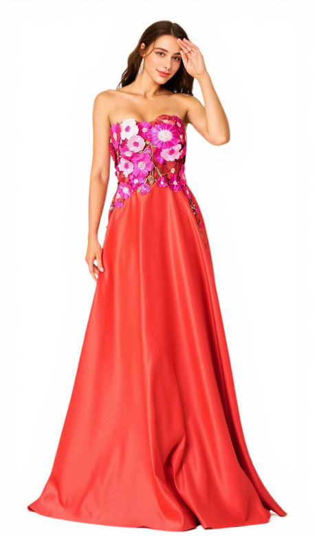 Trägerloses Maxikleid in A-Linie mit Blumenstickerei in Rot