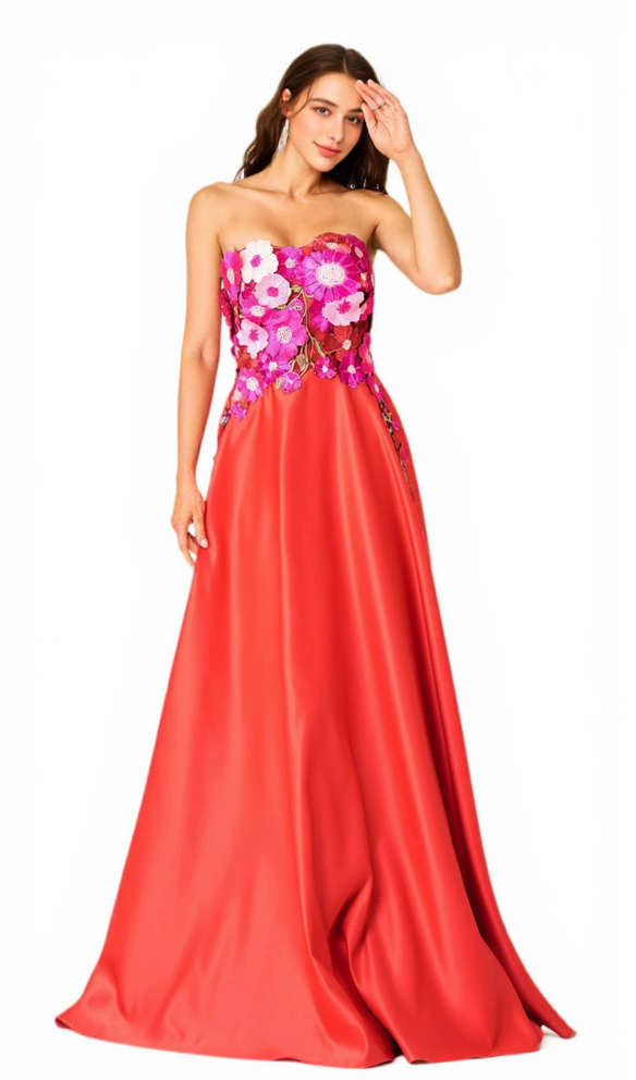 EMBROIDERED FLORAL STRAPLESS A-LINE MAXI DRESS IN RED