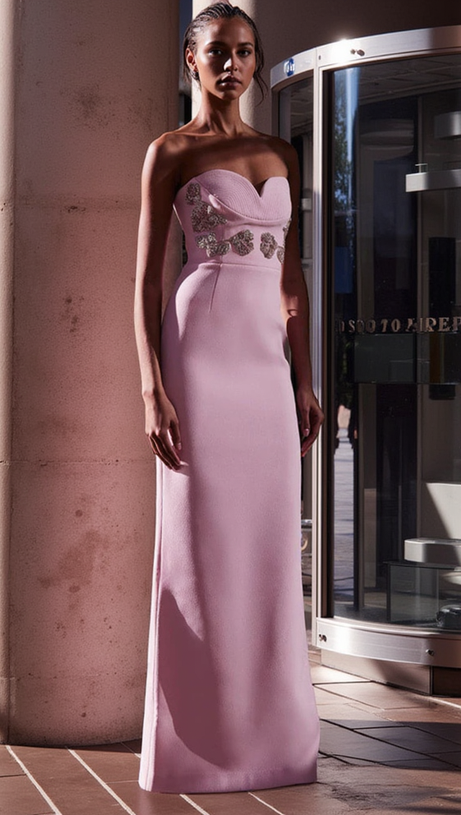 MEROY FLORAL EMBROIDERY STRAPLESS MAXI DRESS IN PINK