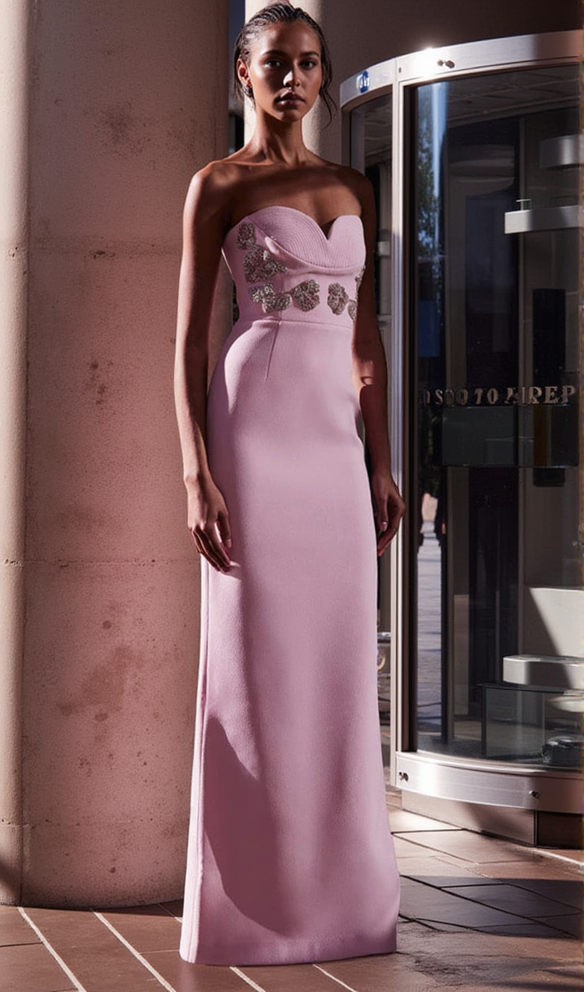 AIIZIE MEROY FLORAL EMBROIDERY STRAPLESS MAXI DRESS IN PINK - product image