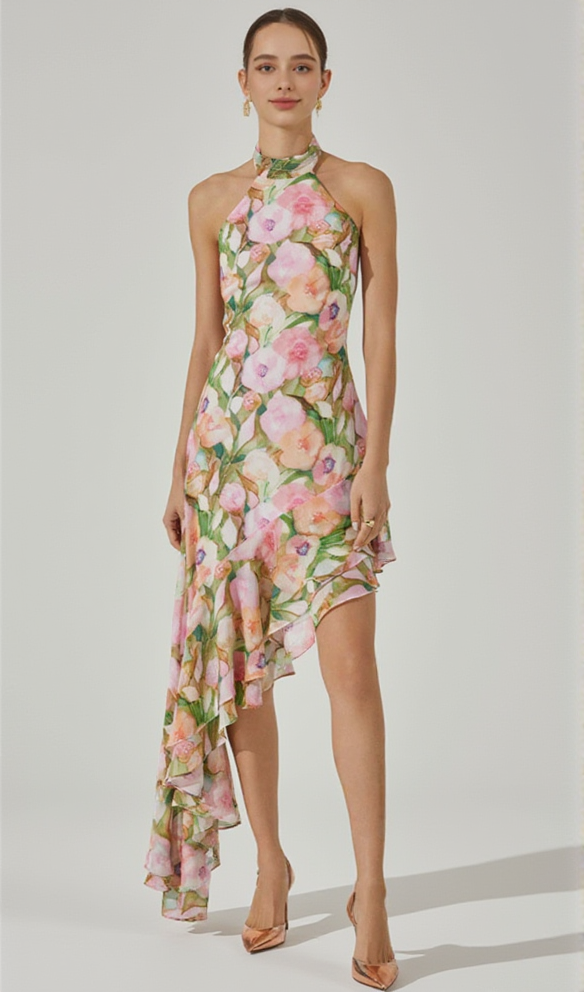 AIIZIE SABINA PINK GREEN ASYMMETRIC FLORAL HALTER MIDI DRESS - product image